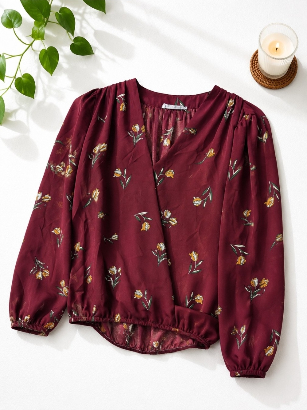 Elodie Burgundy Floral Wrap-Front Blouse